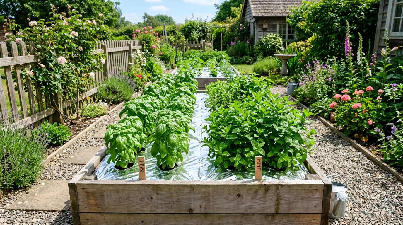 Home herb garden bed using reflective mulch sheets.