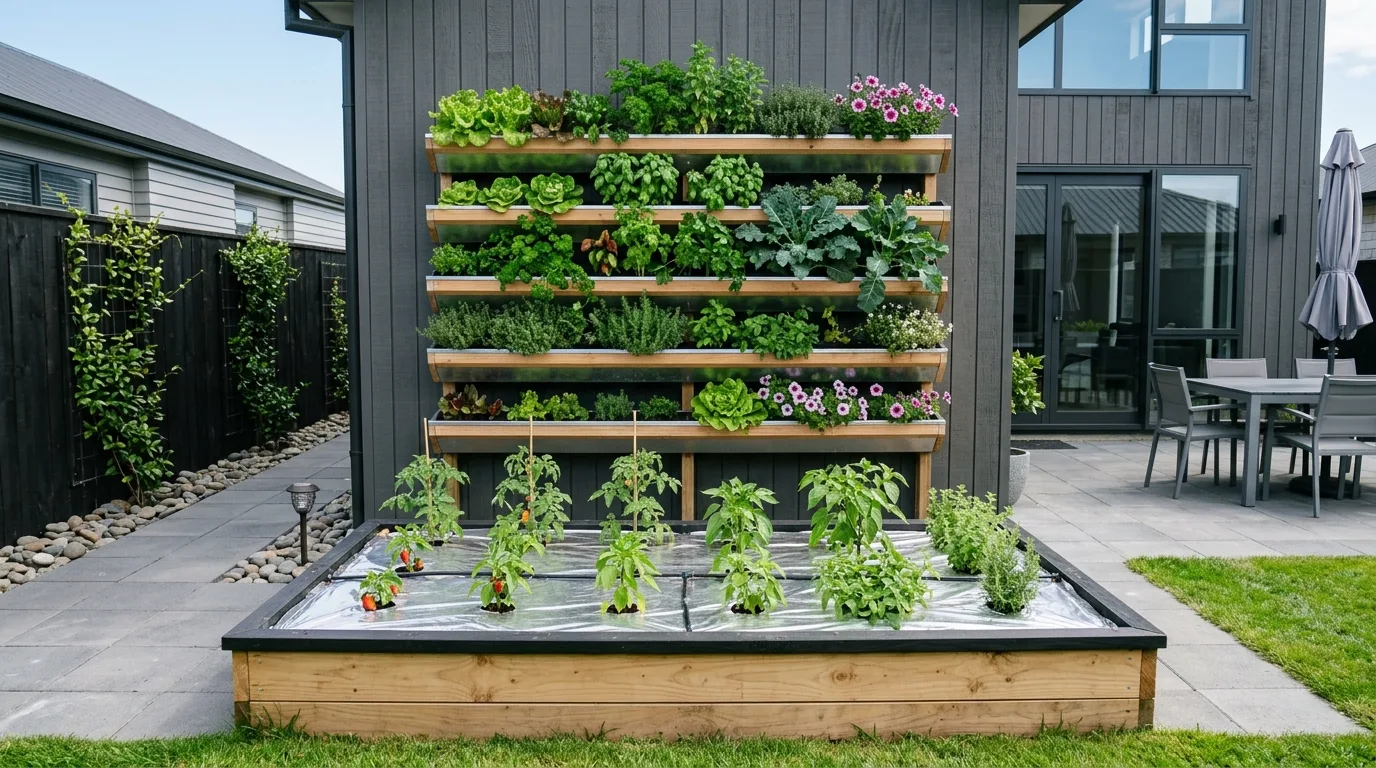 Vertical garden and raised bed combination using reflective mulch sheets.