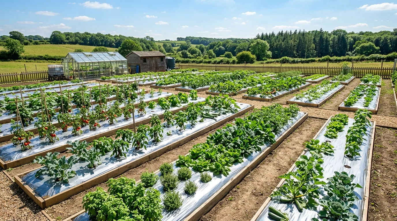Organized productive garden using reflective mulch sheets across multiple beds.