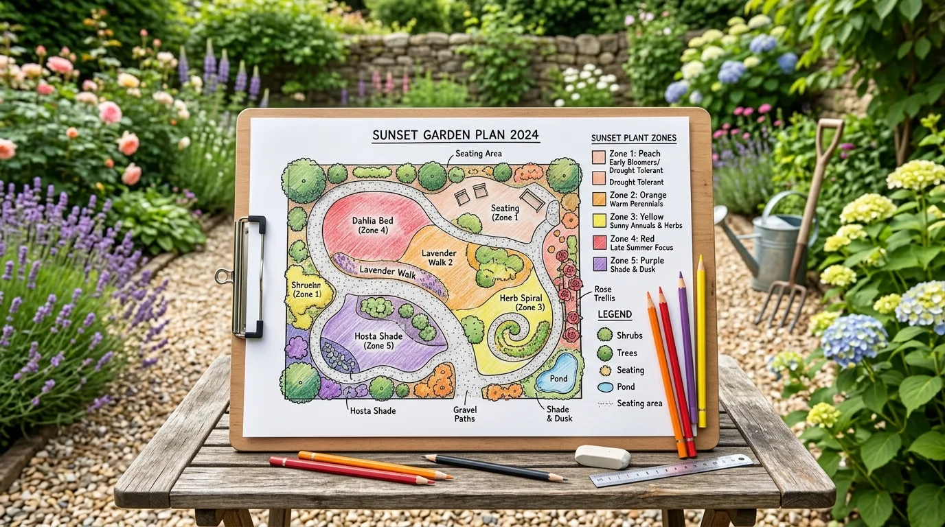 Garden planning layout divided into sunset plant zones on a sketch board.