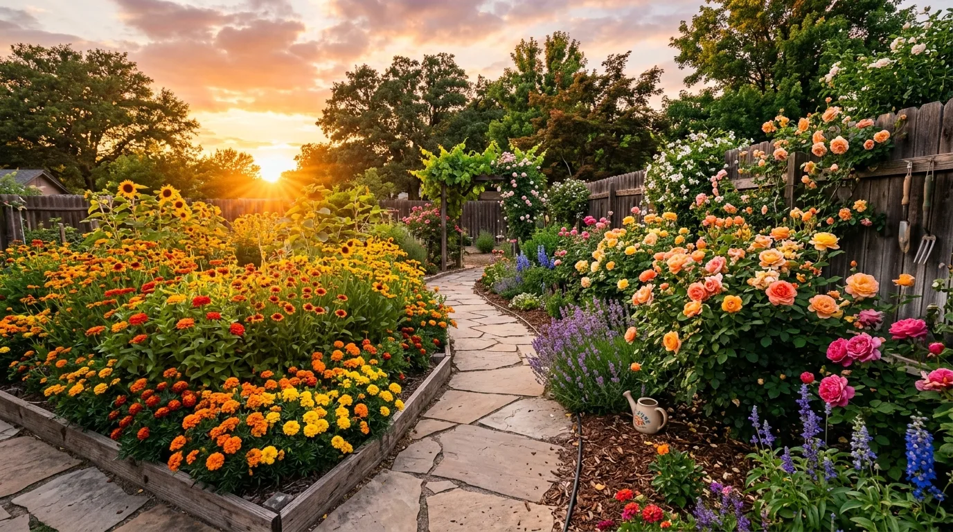 Backyard garden with warm-toned flowers grouped by sunset exposure.