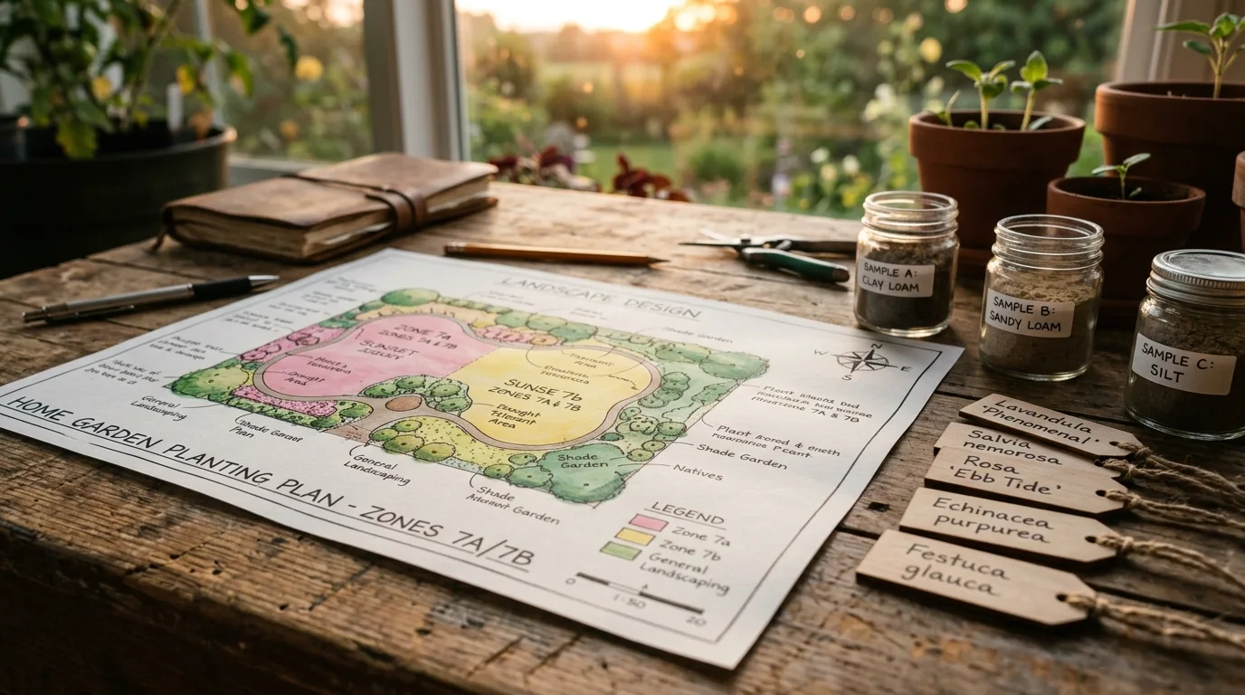 Landscape design map with soil samples and plant labels for sunset planning.