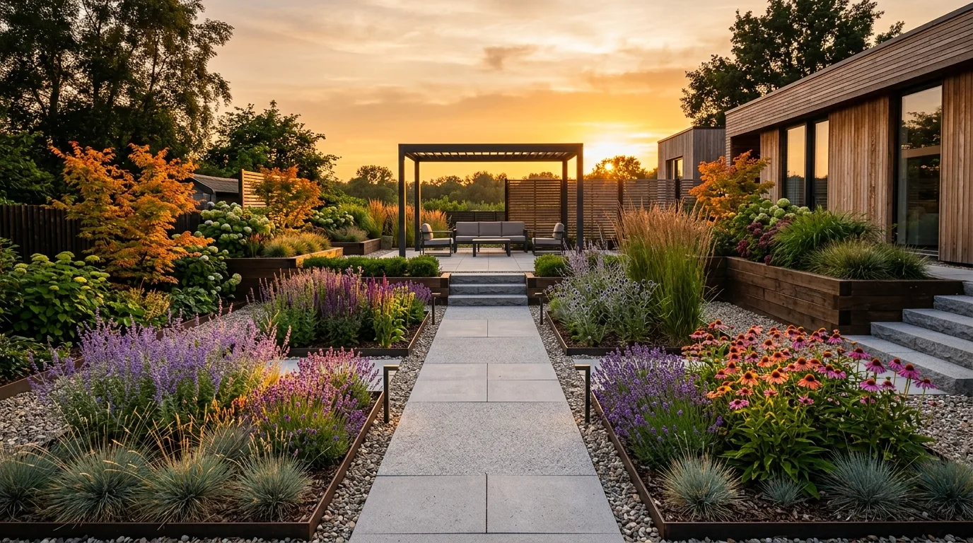 Modern garden divided into layered planting zones based on sunset sun exposure.