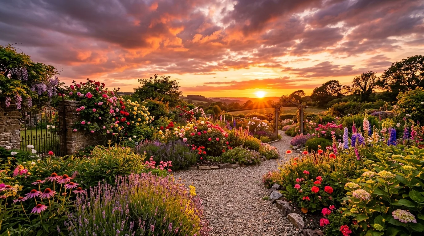 Vibrant west-facing garden zone glowing in sunset light.