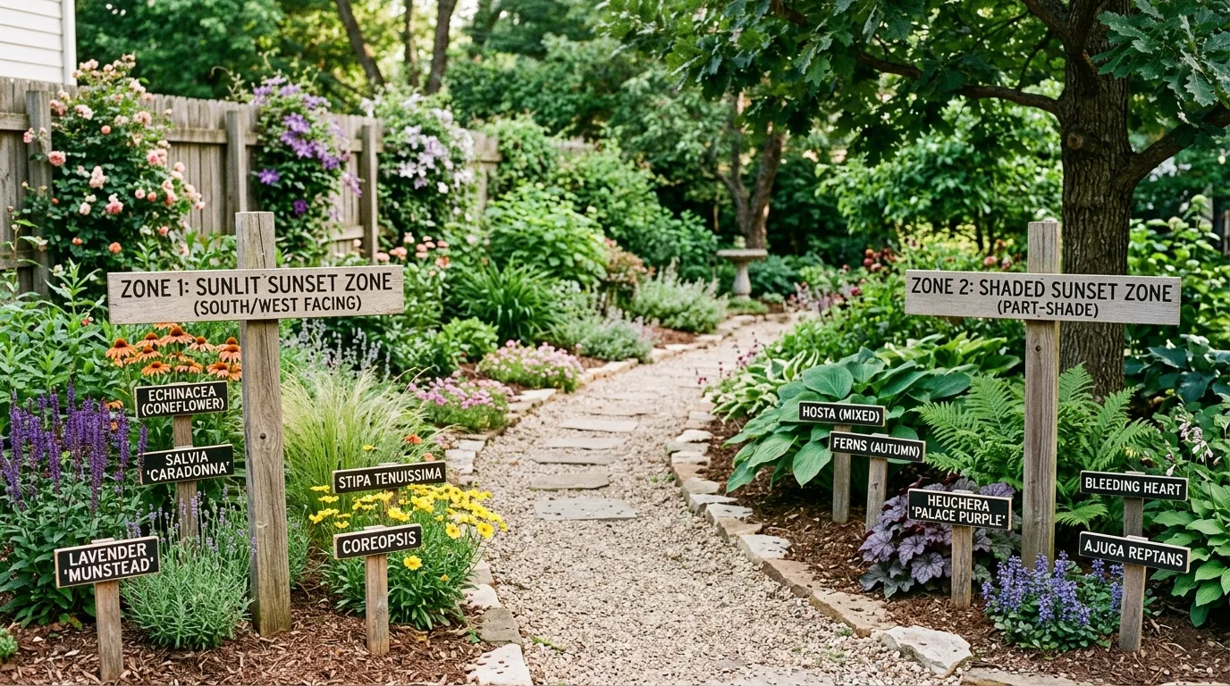 Garden layout with shaded and sunlit sunset zones clearly marked using stakes and labels.