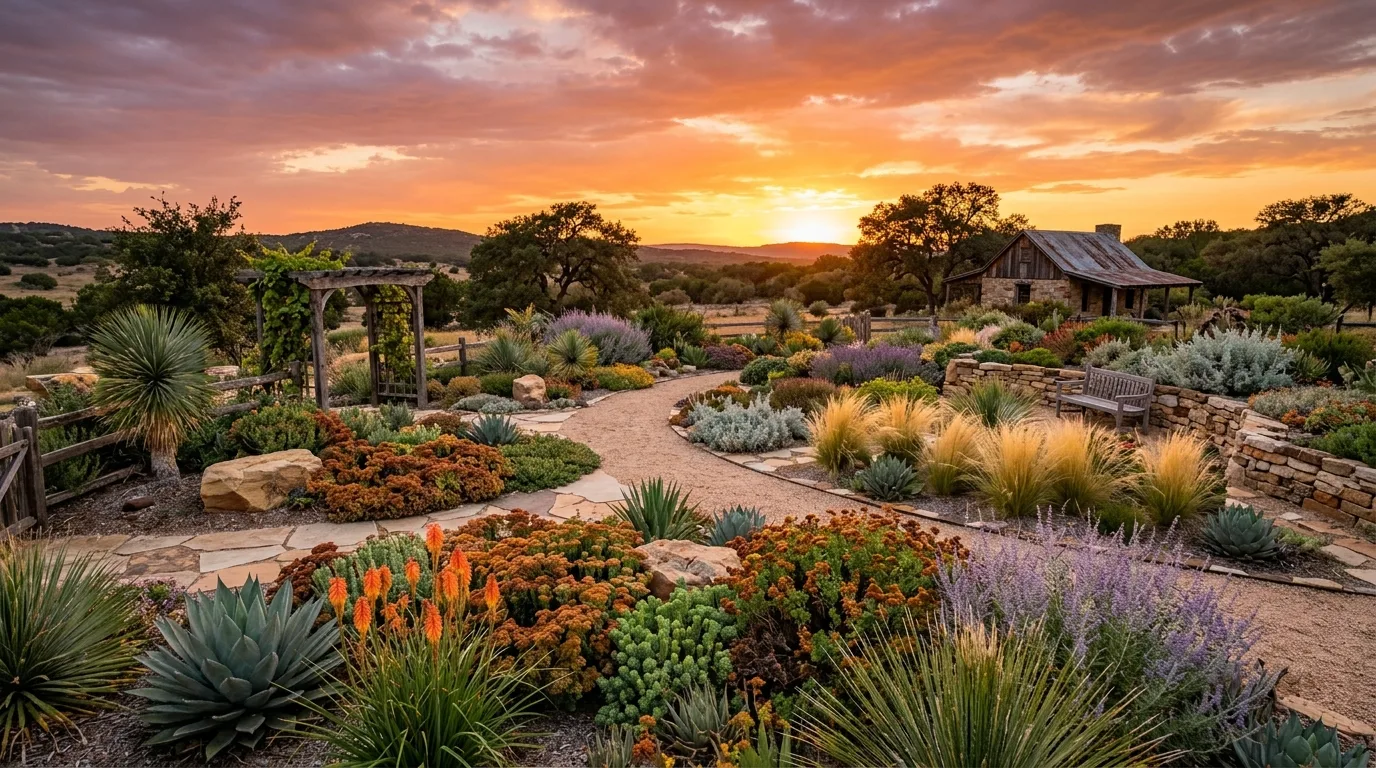 Rustic garden with sunset zones featuring drought-tolerant plants in warm earthy tones.