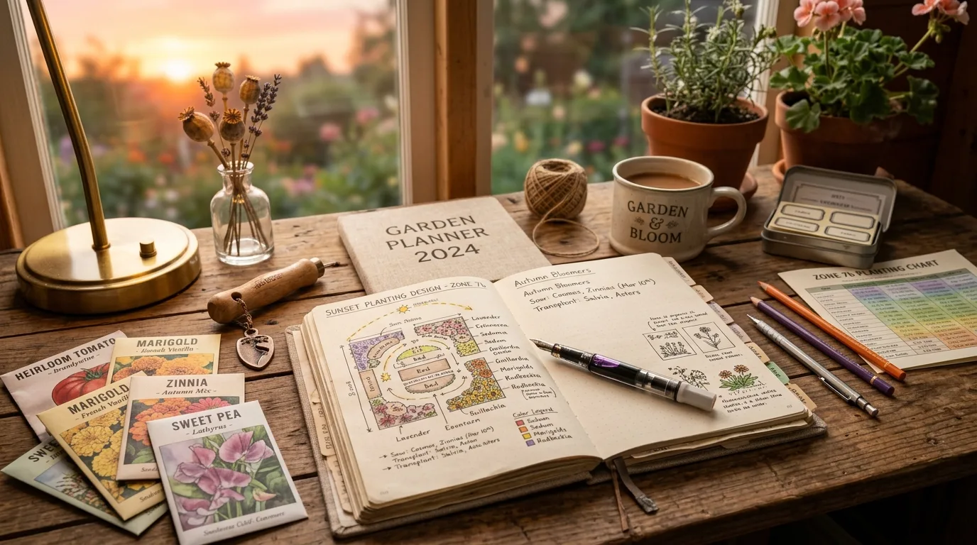 Planner's workspace with notebooks and zone diagrams for sunset planting design.