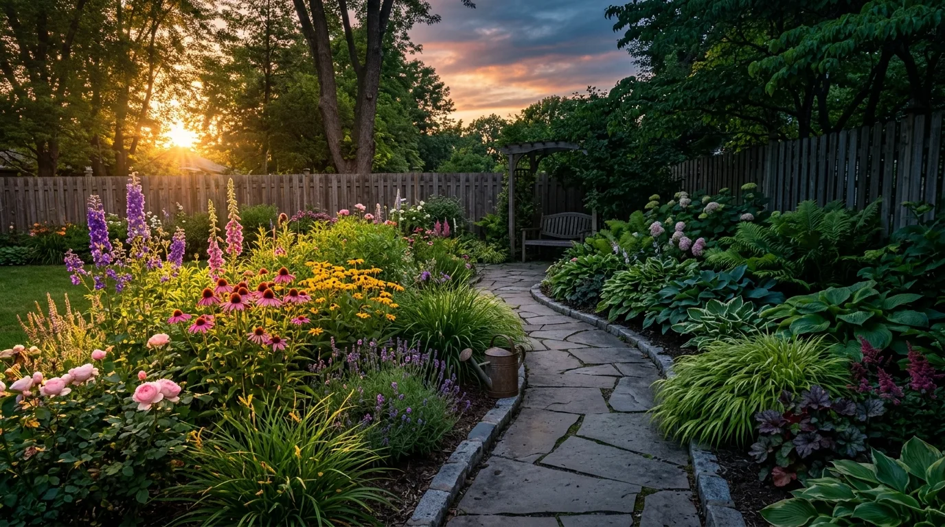 Garden showing transition from full sun zone to sunset shaded zone with different plant groupings.