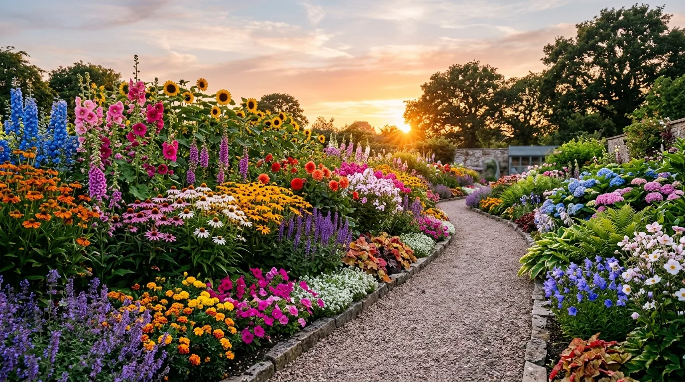 Flower garden arranged by sunset exposure zones with color harmony and layered heights.