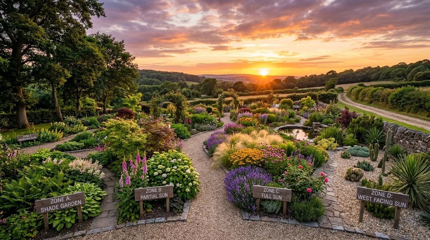 Fully designed garden showing multiple sunset plant zones clearly separated for optimal light planning.