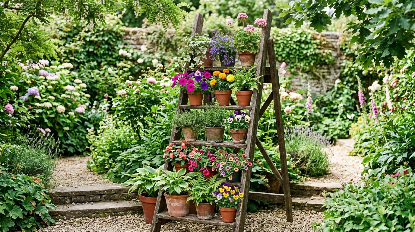Old wooden ladder repurposed as a tiered plant stand filled with flowers.