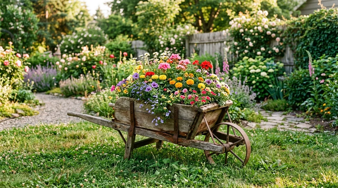 Vintage wheelbarrow filled with colorful blooming flowers in a grassy garden.
