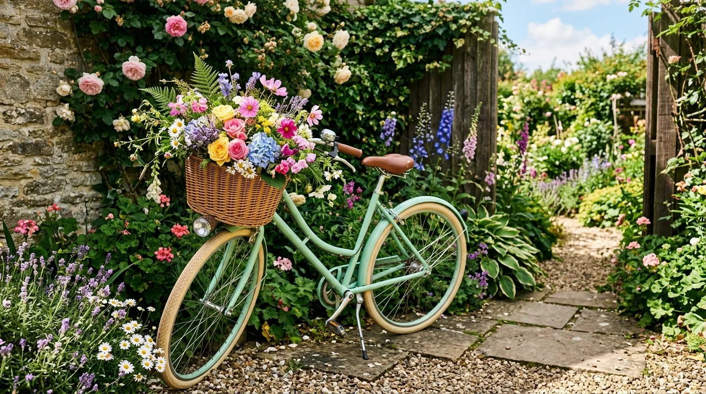 Pastel-painted bicycle with a flower-filled front basket in a garden corner.