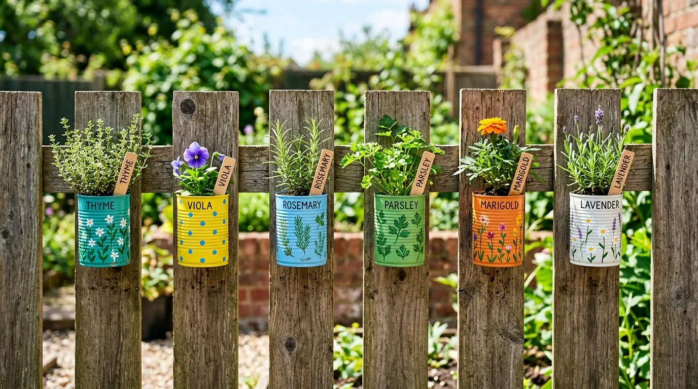 Painted tin cans mounted on a wooden fence as vertical herb and flower planters.
