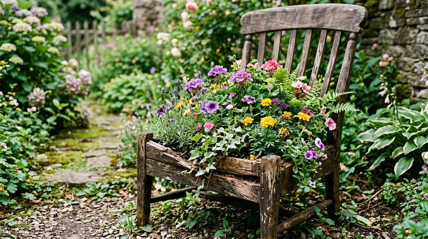Broken wooden chair transformed into a planter with flowers growing through the seat.