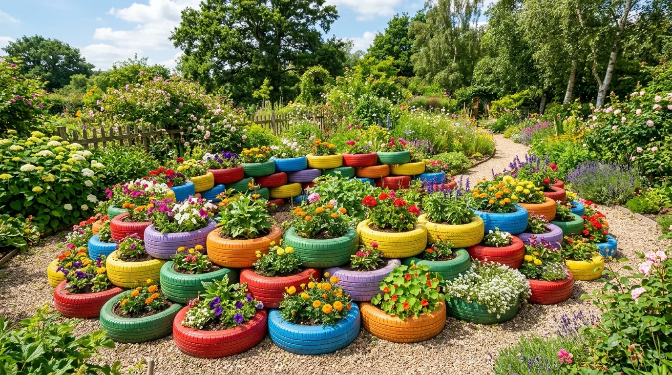 Stacked old tires painted in bright colors and filled with soil and flowers.