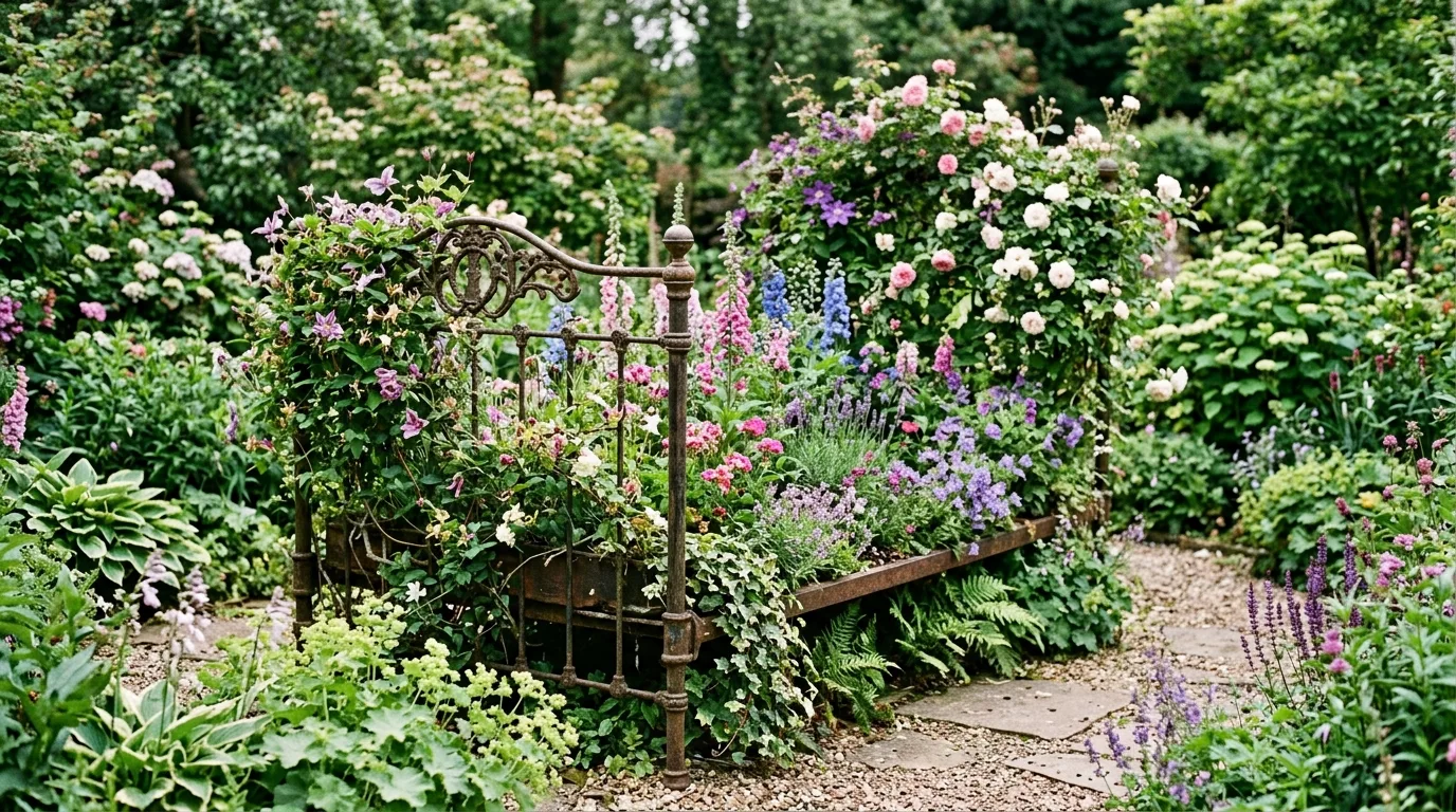 Vintage metal bed frame used as a garden focal piece with climbing vines and flowers.