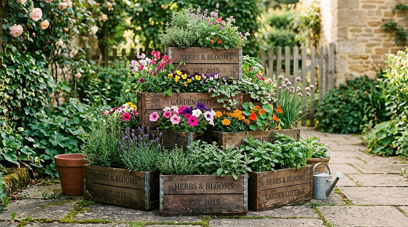 Weathered wooden crates stacked to create a tiered planter filled with herbs and flowers.
