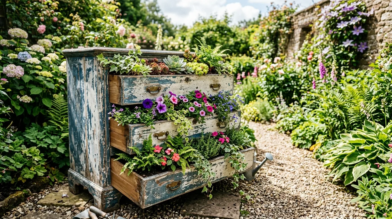 Old dresser with open drawers filled with soil and plants in a garden setting.