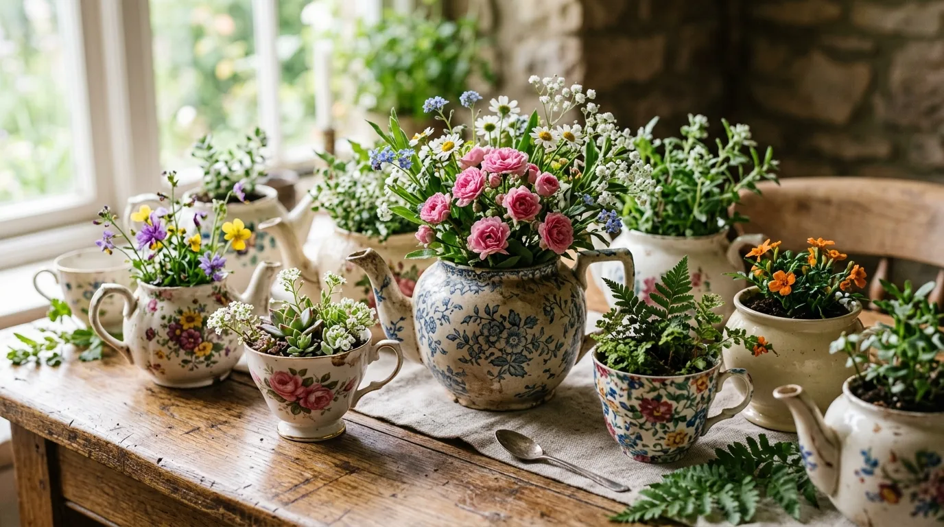 Vintage teapots and cups used as small planters arranged on a wooden table.