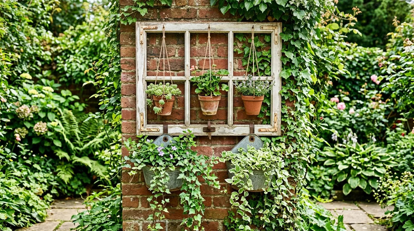 Antique window frame used as garden wall decor with hanging planters and trailing vines.