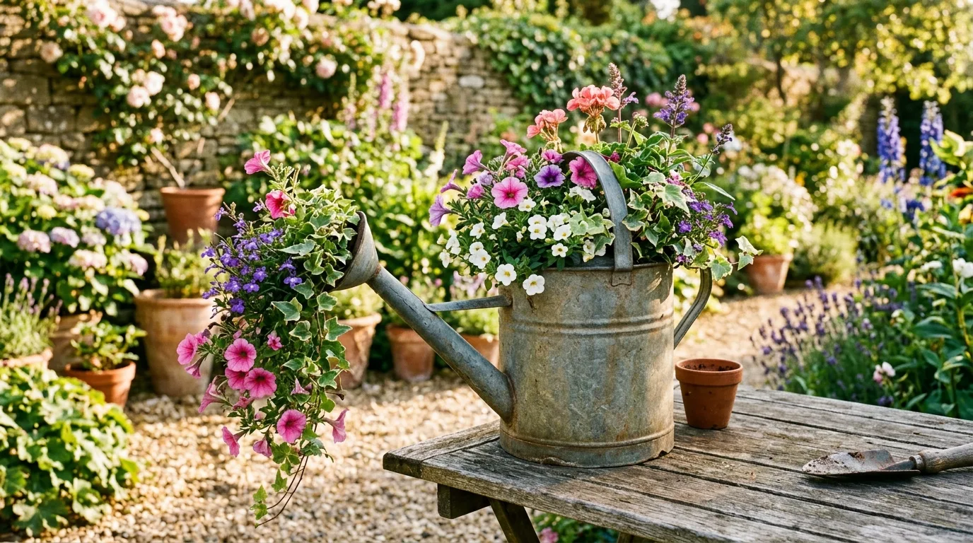 Metal watering can repurposed as a planter with flowers spilling from the spout.