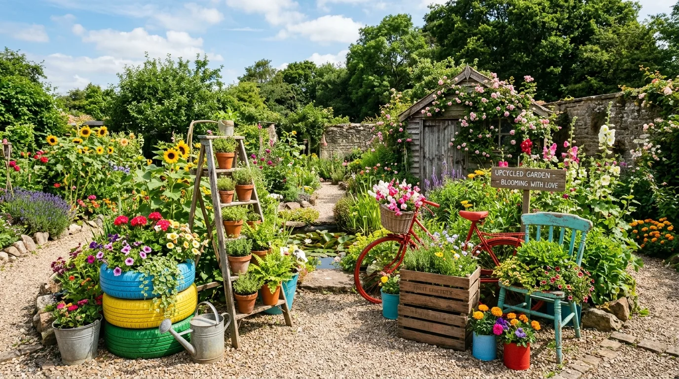 Garden scene featuring multiple upcycled decor items turned into planters among vibrant flowers.