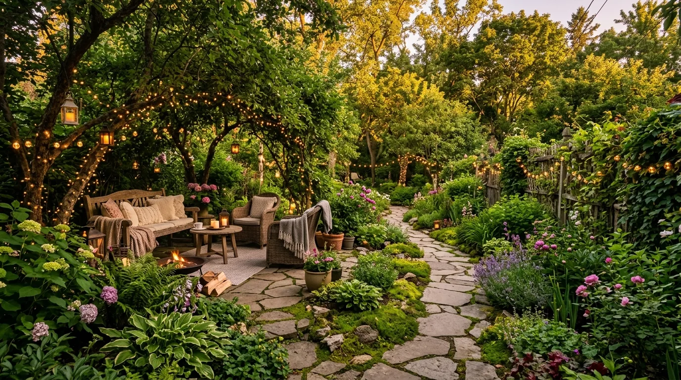 Backyard retreat with winding stone path, fairy lights, and layered greenery.