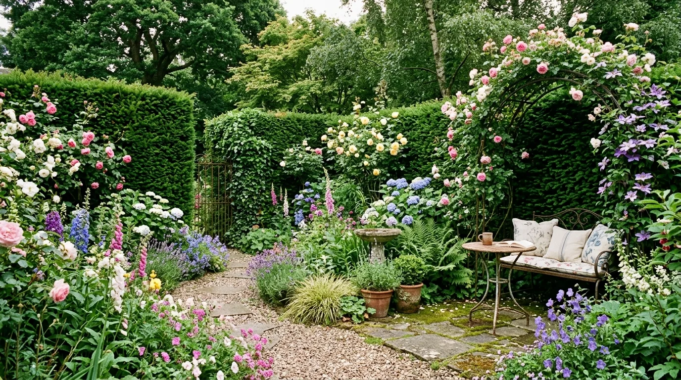 Secret garden-style backyard with hidden seating nook and blooming flowers.