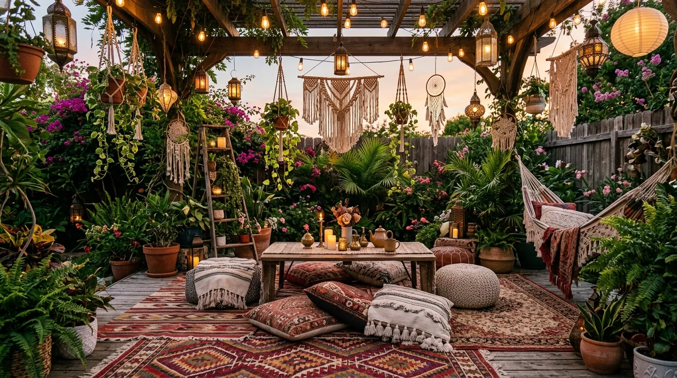 Boho-inspired backyard with rugs, hanging lanterns, and abundant plants.