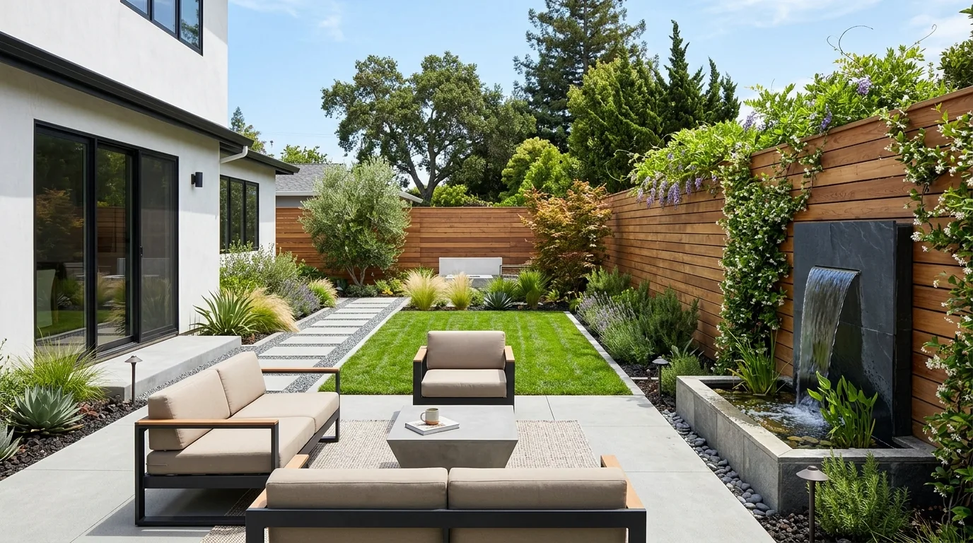 Modern backyard oasis with minimalist seating, water feature, and clean landscaping zones.