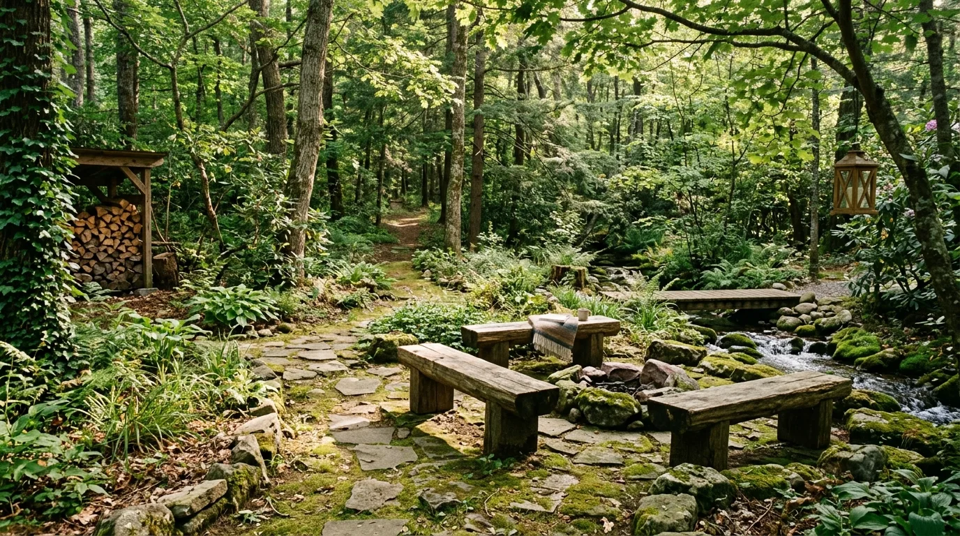 Woodland-themed backyard with trees, mossy stones, and rustic wooden benches.