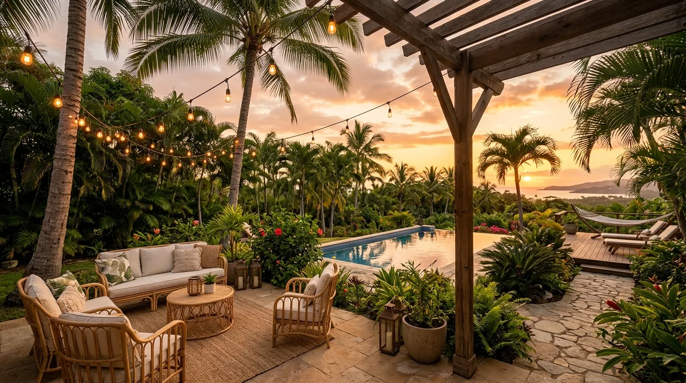 Tropical backyard escape with palm trees, rattan furniture, and string lights.