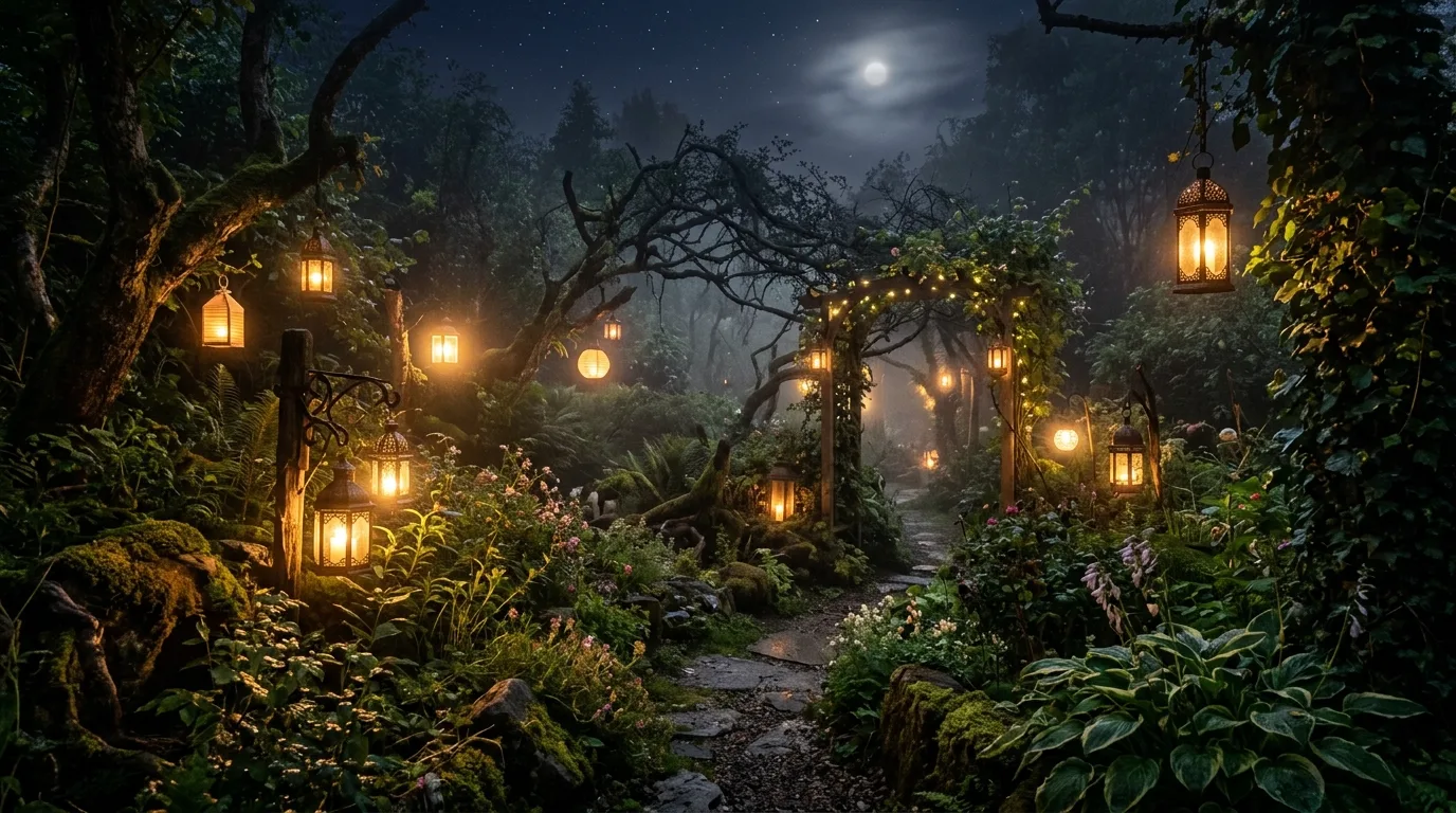 Fantasy-inspired backyard with glowing lanterns, misty ambiance, and overgrown plants.