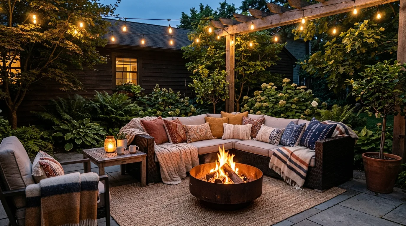 Backyard living room setup with sofa, fire pit, and layered cushions.