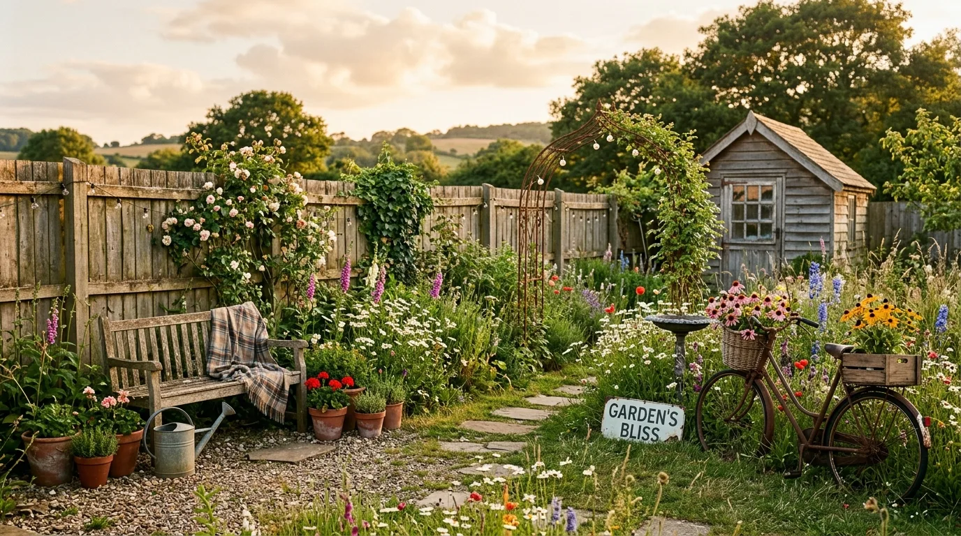 Rustic backyard with wooden fences, wildflowers, and vintage garden decor.