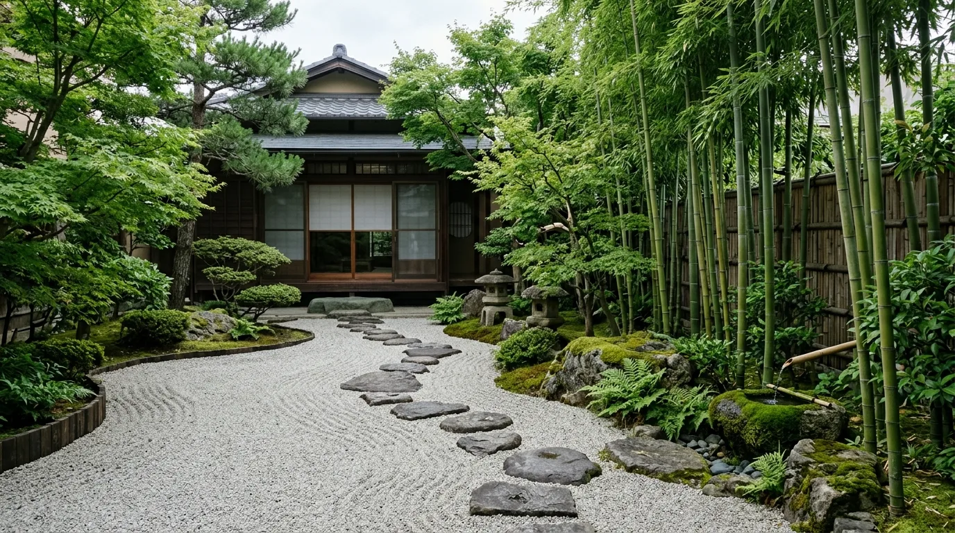 Japanese zen-inspired backyard with gravel garden, bamboo elements, and stone pathway.
