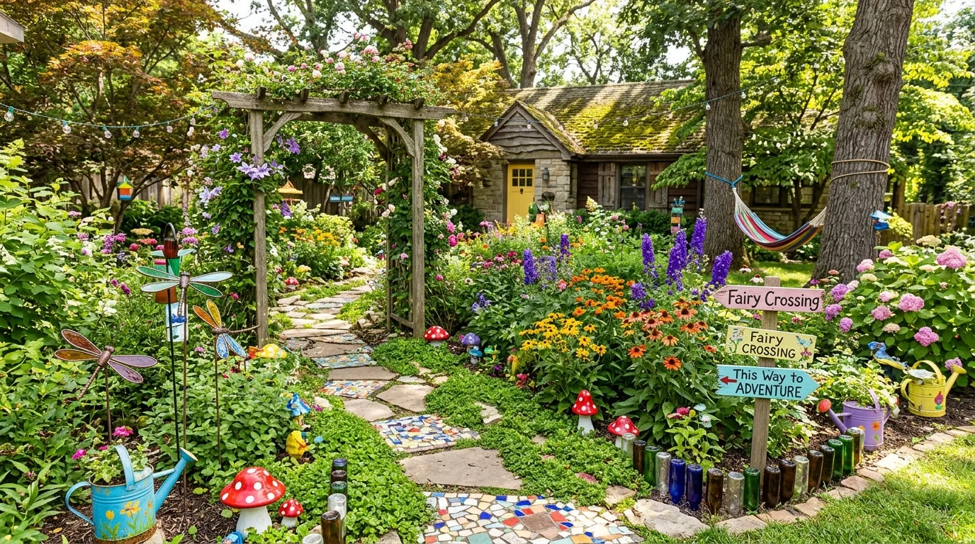 Whimsical backyard with colorful garden art, hidden pathways, and playful elements.