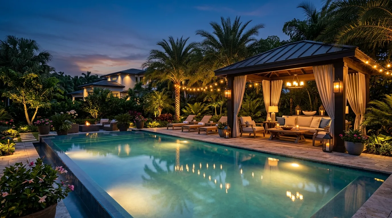 Luxury backyard resort-style space with pool, cabana seating, and ambient lighting.