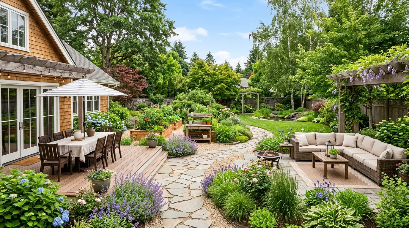 Multi-zone backyard with living, dining, and garden areas connected by pathways.