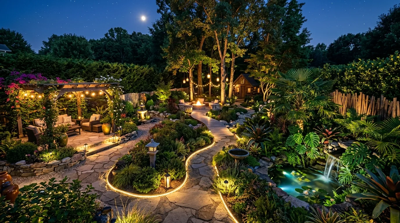 Fully transformed backyard with themed zones, lighting, plants, and immersive landscaping.