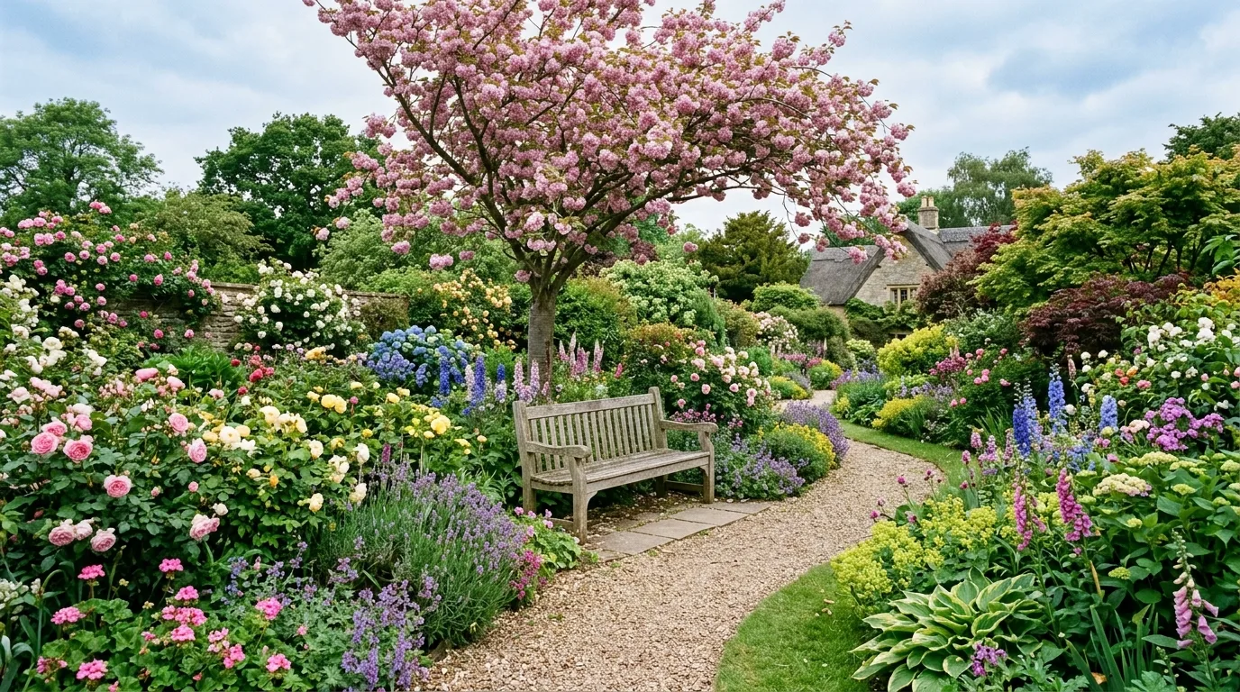 Garden with wooden bench under a flowering tree and surrounded by colorful blooms.
