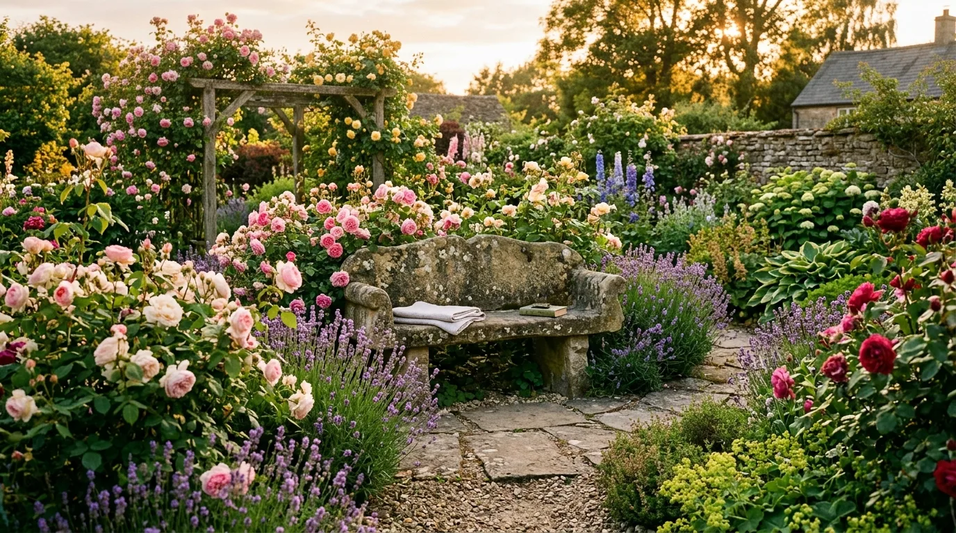 Stone garden bench nestled among rose bushes and lavender.