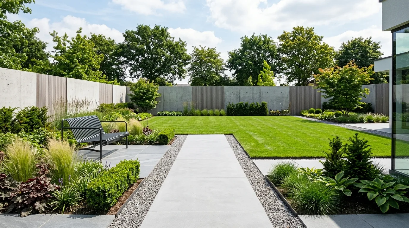 Modern minimalist garden with sleek bench overlooking lawn and pathways.