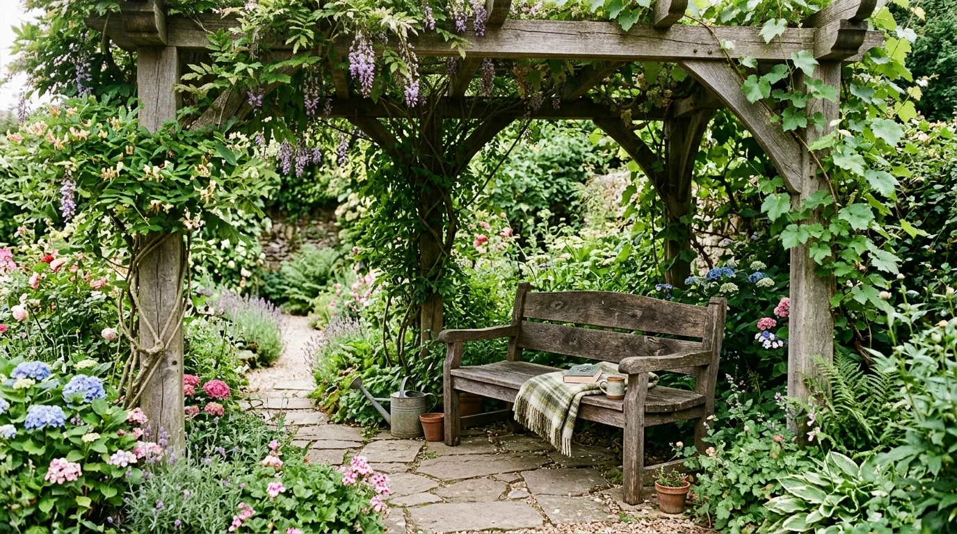 Rustic wooden bench under a shaded pergola covered in vines.