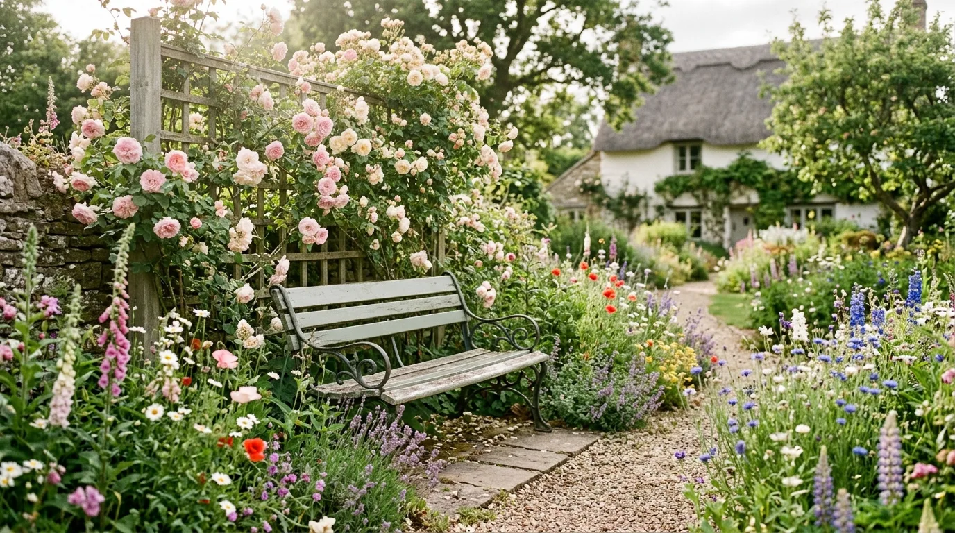 Cottage-style garden bench surrounded by wildflowers and climbing roses.