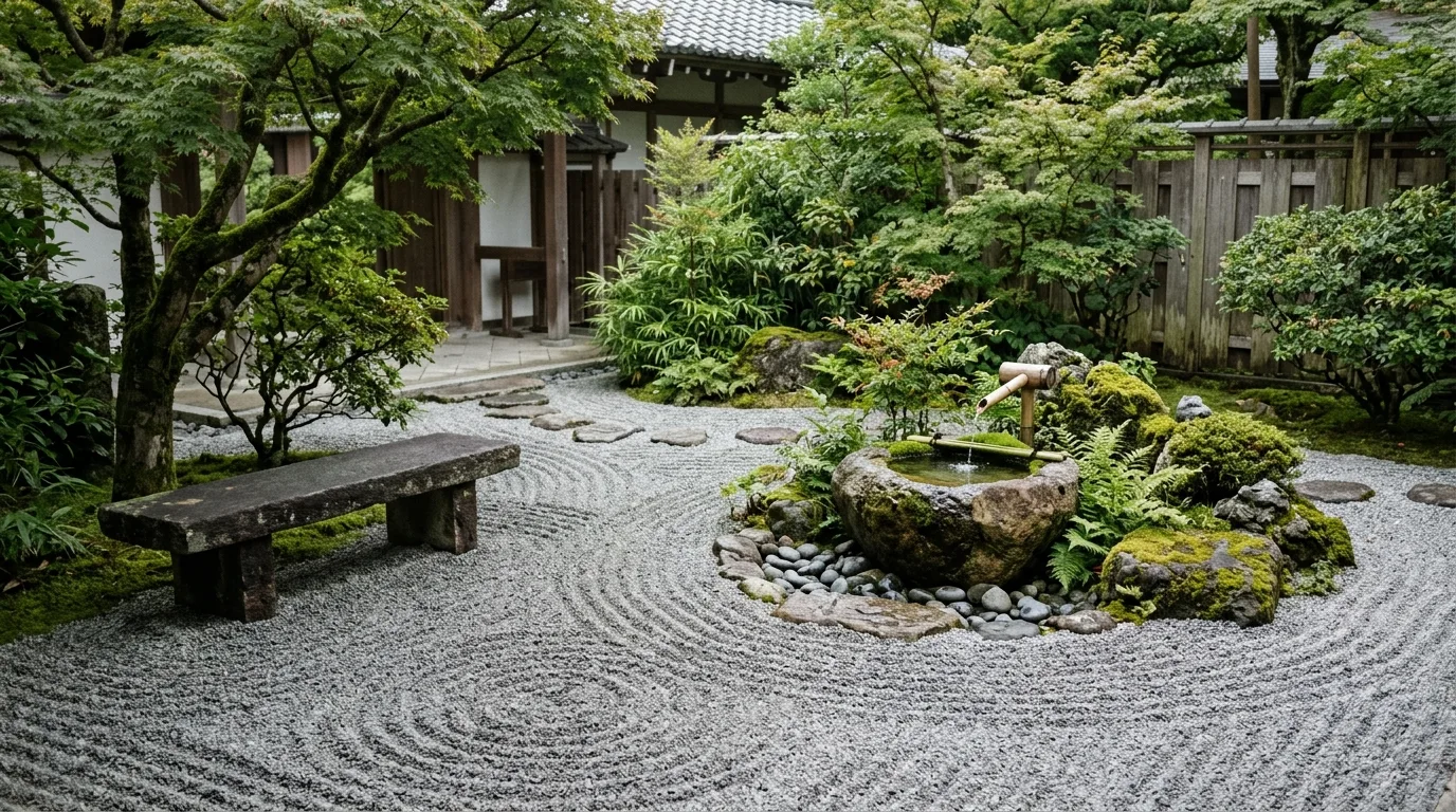 Zen garden with stone bench facing a water feature and gravel patterns.