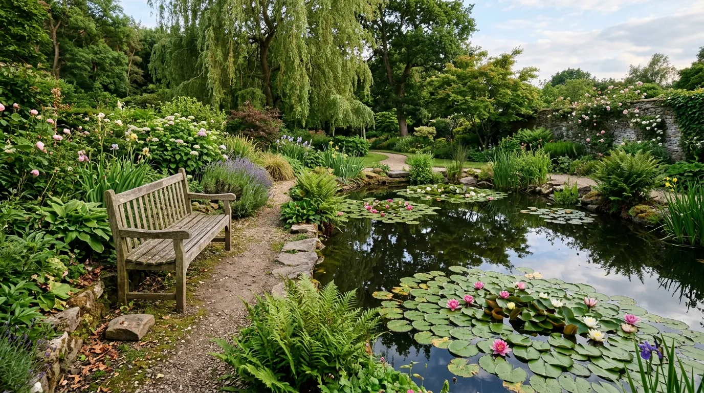 Garden bench placed beside a pond with lily pads and reflections.