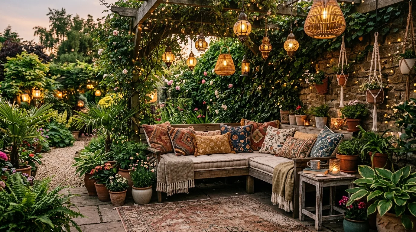 Boho garden seating area with cushioned bench, lanterns, and layered greenery.