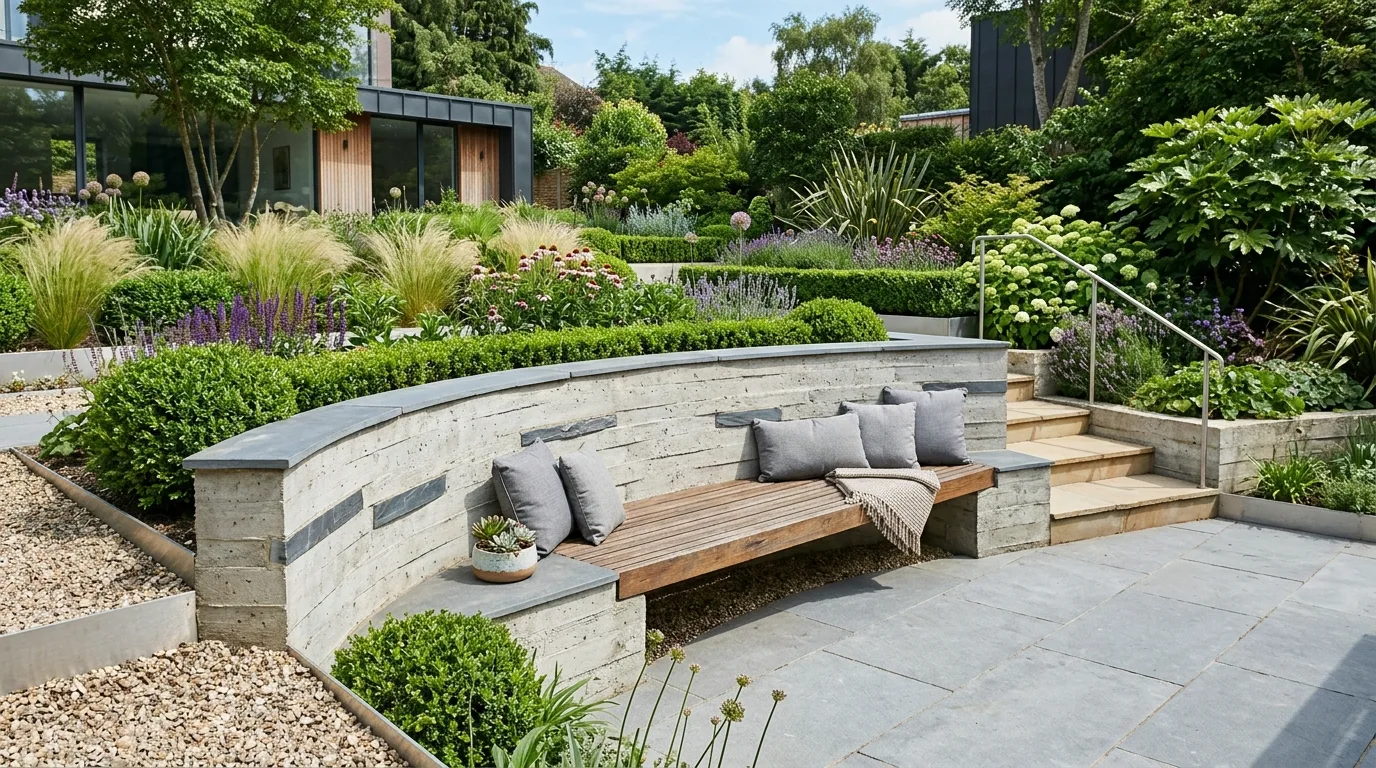 Contemporary garden bench integrated into a retaining wall with structured landscaping.